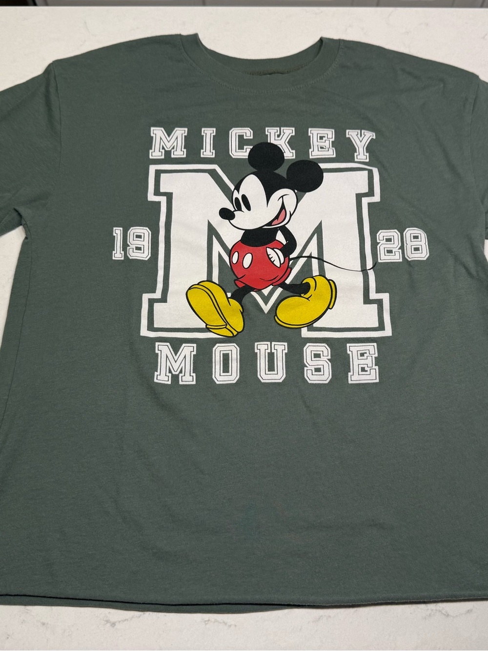 Disney Olive Green Mickey Mouse Graphic Tee with Yellow Accents & Raw Hem